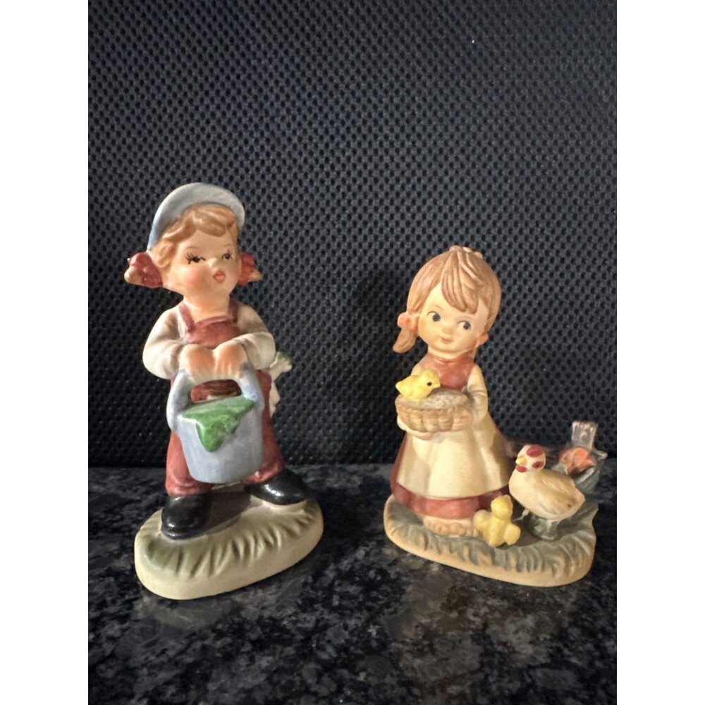 Vintage Boy & Girl Figurines With Farm Theme Hand-Painted Ceramic Set Of 2